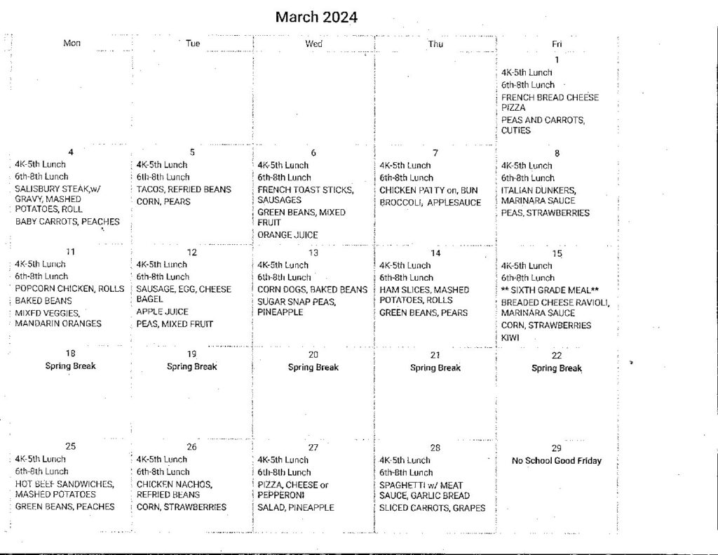 Calendar and Lunch Menu St Mary Catholic School Portage, WI